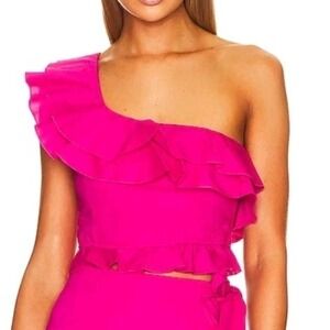 Show Me Your Mumu x Revolve Leni Hot Pink  Poplin One Shoulder Ruffle Top Sz M